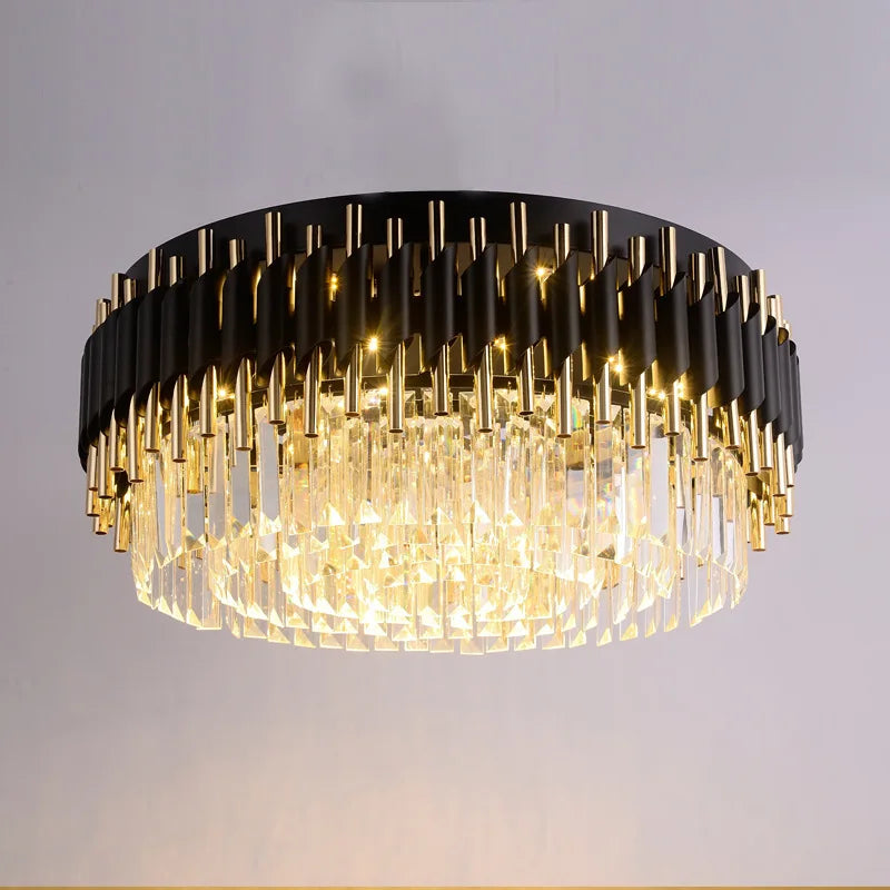 Afralia™ Gold Black Crystal Ceiling Chandelier - Round LED Pendant for Living Room Lighting