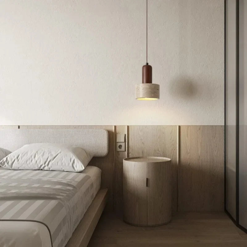 Afralia™ Wood Stone LED Pendant Light Yellow Travertine Modern Luminaria