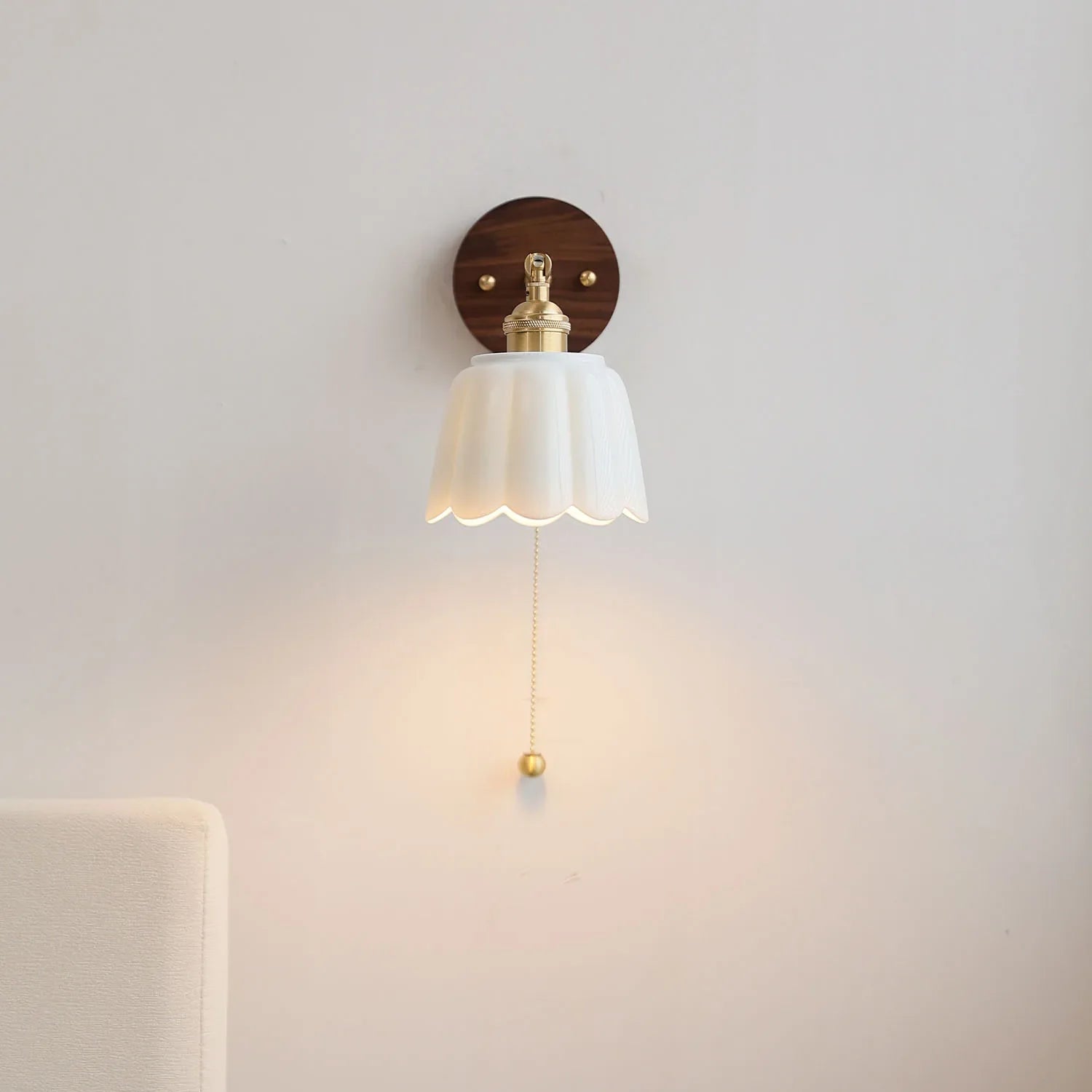 Afralia™ White Flower Ceramic LED Wall Sconce with Wood Base and Copper Rotate