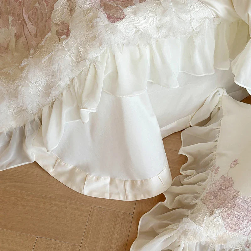 Afralia™ Luxury Princess Wedding Bedding Set with Flowers Embroidery & Lace Ruffles