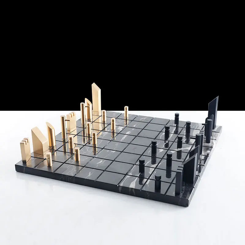 Afralia™ Golden Metal Marble Chessboard: Geometric Square Check King Game Decor Figurines