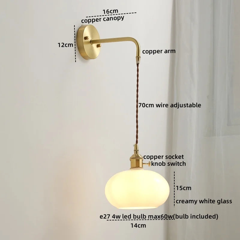 Afralia™ Copper Ceramic LED Wall Light Pull Chain Switch Modern Bedroom Lamp