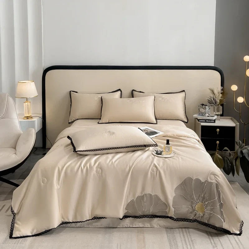 Afralia™ Luxe Flower Embroidered Cool Quilt Set - Lightweight, Silky, High-End Comfort