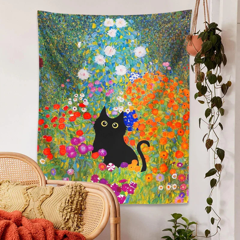 Afralia™ Garden Cat Tapestry Wall Hanging - Psychedelic Bohemia Room Art Home Decor