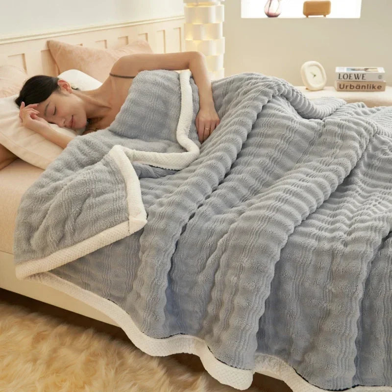 Afralia™ Cozy Rabbit Plush Blanket: Soft Striped Warm Sofa Throw, Absorbent Breathable Nap Blanket