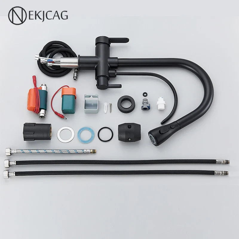 Afralia™ Gourmet Pull Out Black Gold Kitchen Faucet with Sprayer Mixer Swivel Sink Tap