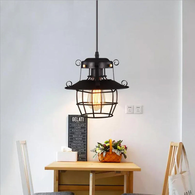 Afralia™ Black Metal Cage Pendant Light - Vintage Industrial Loft Kitchen Lighting