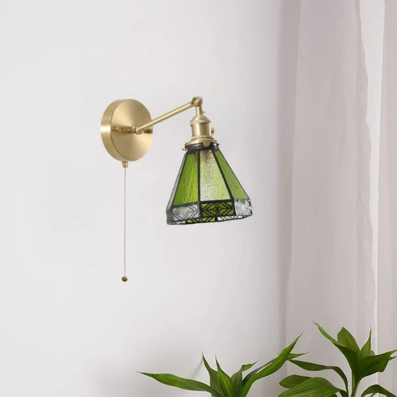 Afralia™ Green Glass LED Wall Sconce, Pull Chain Switch, for Bedside, Bathroom, Living Room