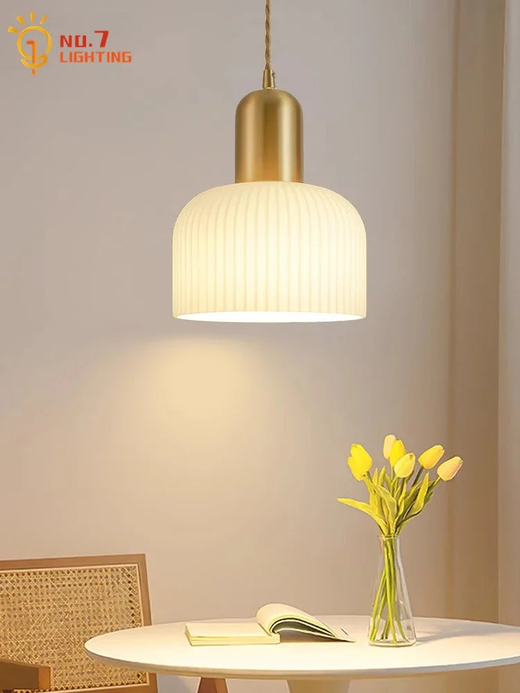 Cream Glass Copper Pendant Light LED E27 Modern Fixture for Bedroom, Living Room, Cafe by Afralia™