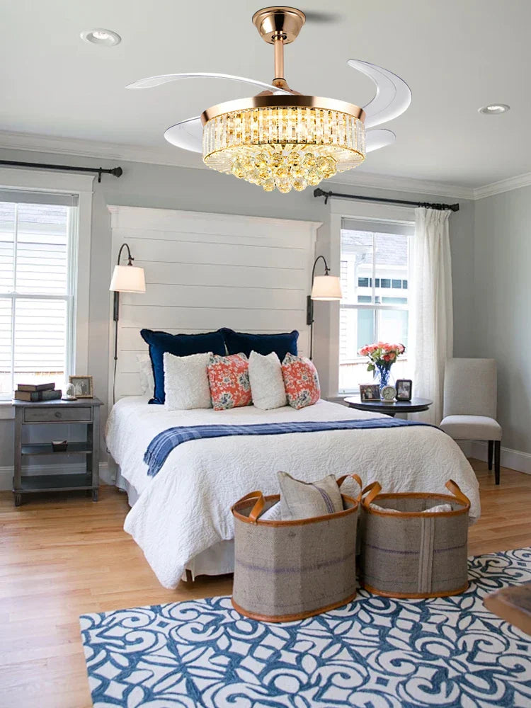 Afralia™ Luxury Crystal Ceiling Fan Lights Remote Control, Modern Retractable Chandelier Fan