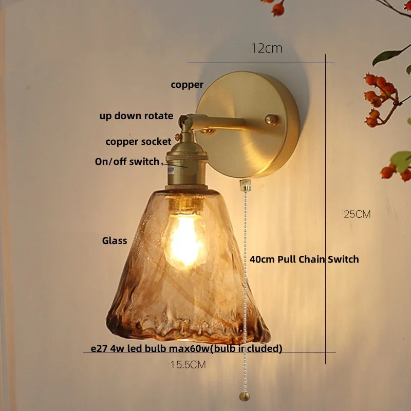 Afralia™ Amber Vintage LED Wall Light Fixture Up Down Rotate Pull Chain Switch