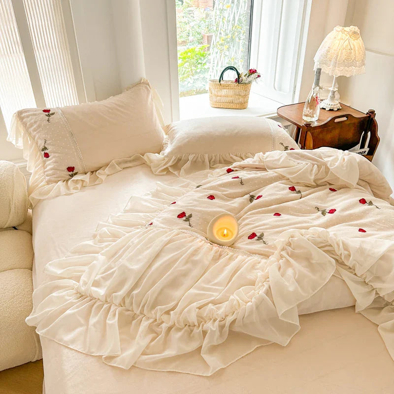 Afralia™ Romantic Lace Ruffles Rose Flowers Embroidery Princess Bedding Set