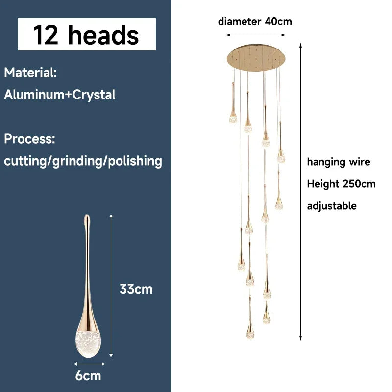 Afralia™ Gold Crystal Chandelier Pendant Light, Modern Minimalist Loft Staircase Fixture
