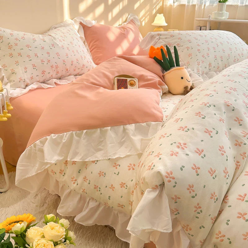 Afralia™ Korean Princess Floral Ruffles Bedding Set: Single/Queen Duvet, Cover, & Pillowcases
