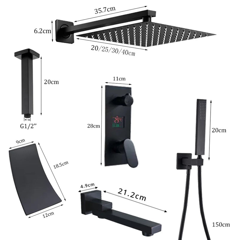 Afralia™ Matte Black Digital Rainfall Shower Faucet Set with All Metal Finish