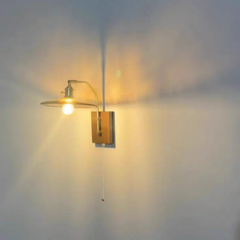 Afralia™ Walnut Wood LED Wall Light Glass Pull Chain Switch Nordic Modern Bedroom Lamp