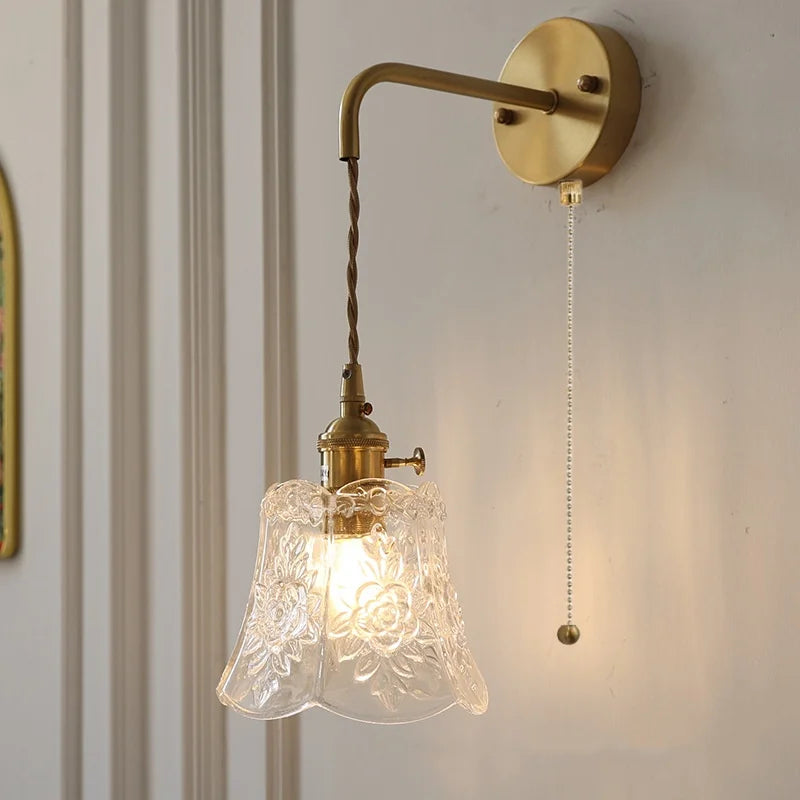 Afralia™ Modern Clear Glass LED Wall Light with Pull Chain Switch, Adjustable Wire & Copper Wall Lamps