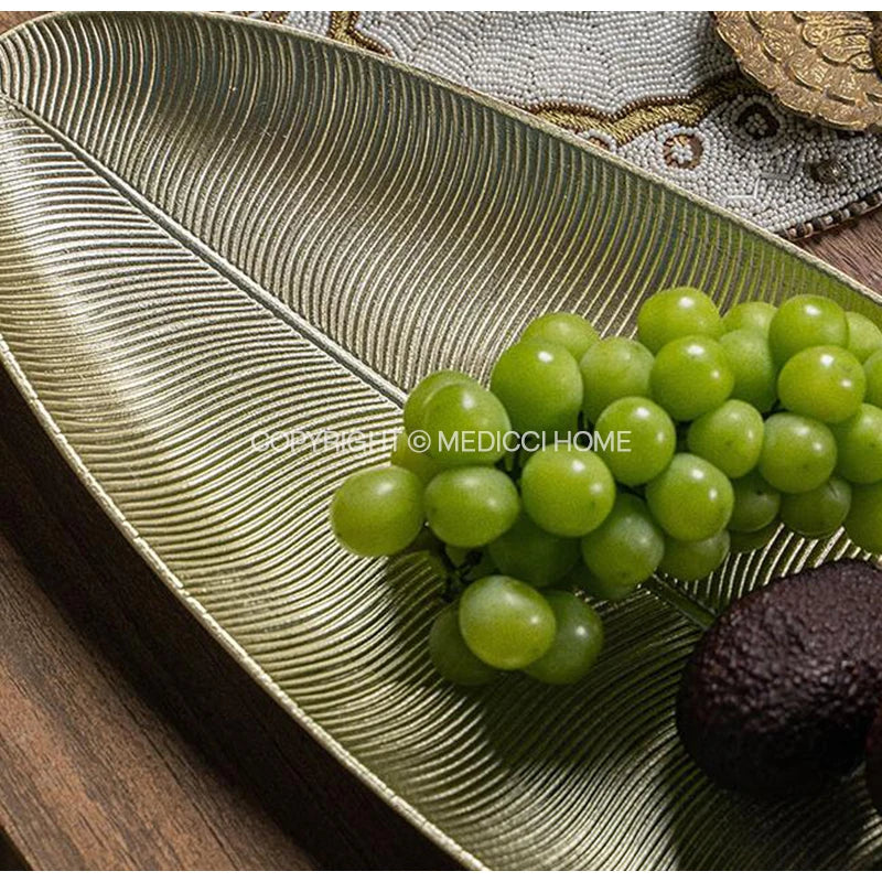 Afralia™ Leaf Shape Gold Paint Wooden Tray 14.5x40cm - Modern Decorative Tableware