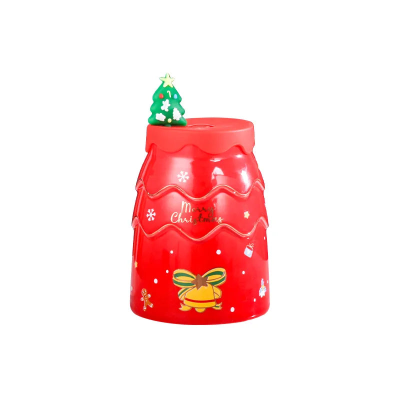 Afralia™ Christmas Tree Ceramic Mug with Lid Straw for XMAS Gift