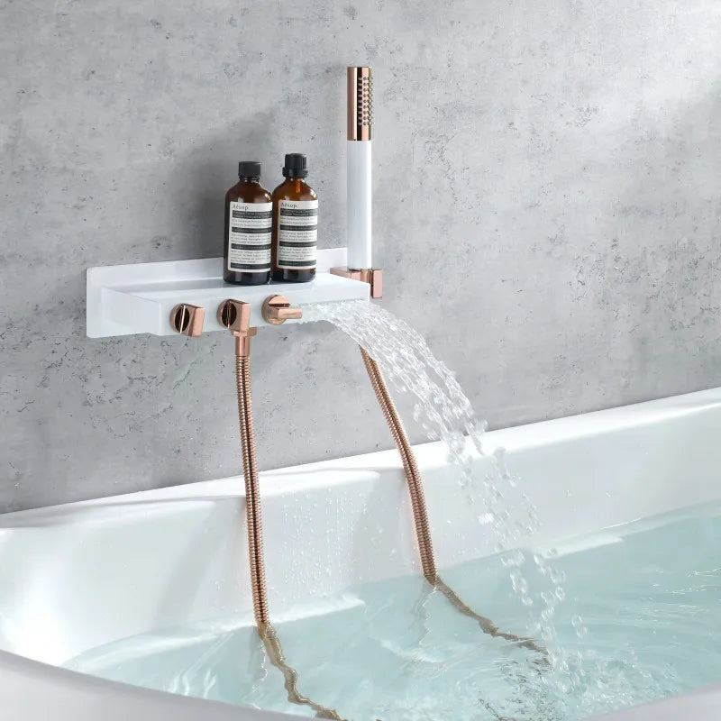 Afralia™ Wall-Mounted White Rose Gold Bathtub Faucet Set with Waterfall Shower