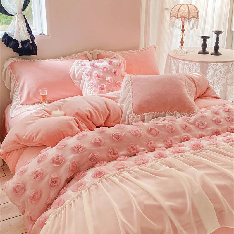 Afralia™ Velvet Rose Flowers Lace Patchwork Princess Bedding Set Queen 4Pcs 200x230cm