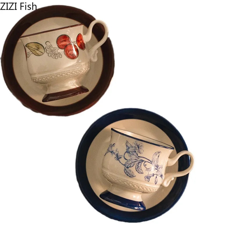 Afralia™ Flower Fruit Ceramic Cup&Saucer Set Dining Coffee Tea Milk Mugs.