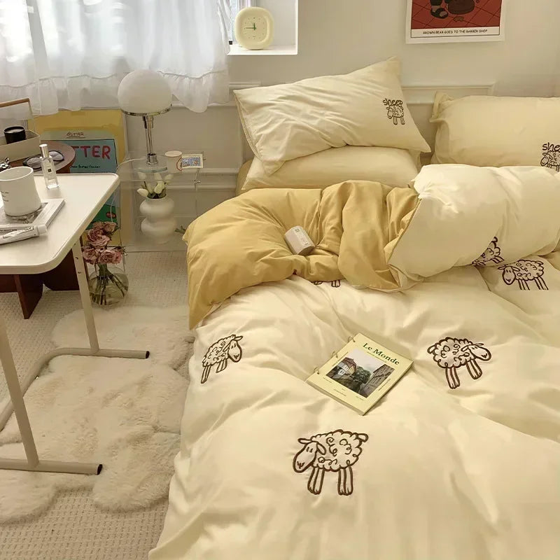 Afralia™ Cute Bear & Sheep Embroidery Bedding Set for Single/Double Bed