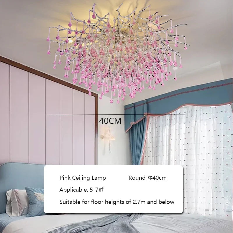 Afralia™ Pink Crystal Chandelier Chrome Ceiling Living Room Light Luxury Chandelier
