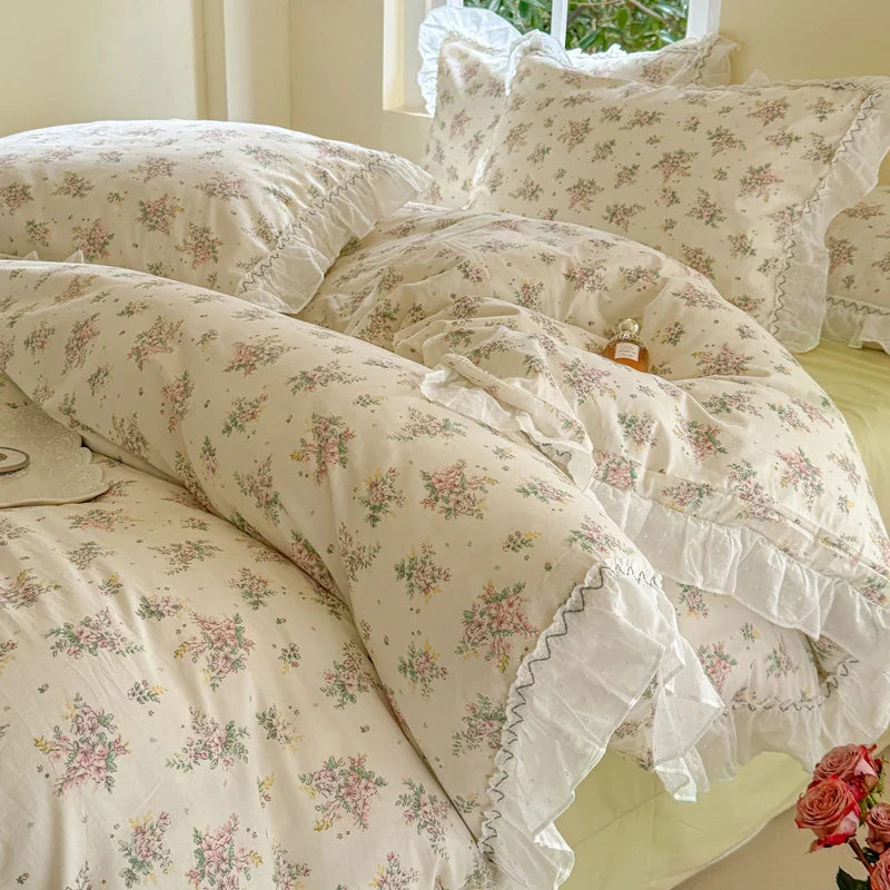 Afralia™ Floral Lace Ruffle Cotton Bedding Set with Quilt Cover, Duvet Cover, and Pillowcases