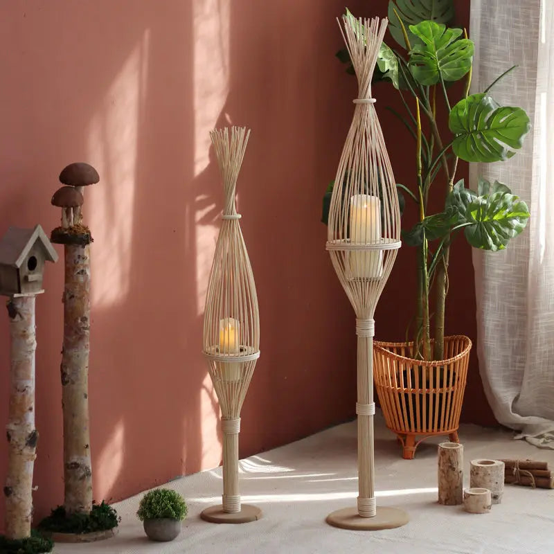 Afralia™ Rattan Bamboo Weaving Floor-to-Ceiling Wind Lamp Candlestick Tea Room Hotel Decoration