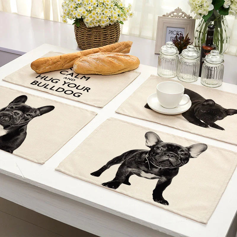 French Bulldog Pattern Placemat Set by Afralia™ - Linen Coasters & Table Mats