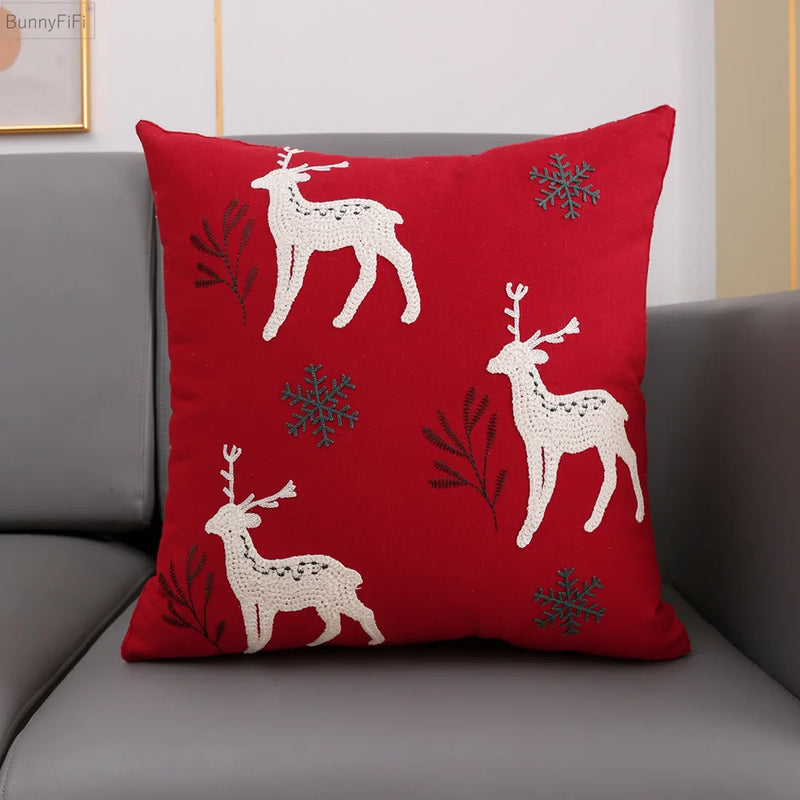 Afralia™ Christmas Snowflake Deer Cushion Cover Green Red Square Embroidery Pillow Case 45x45cm