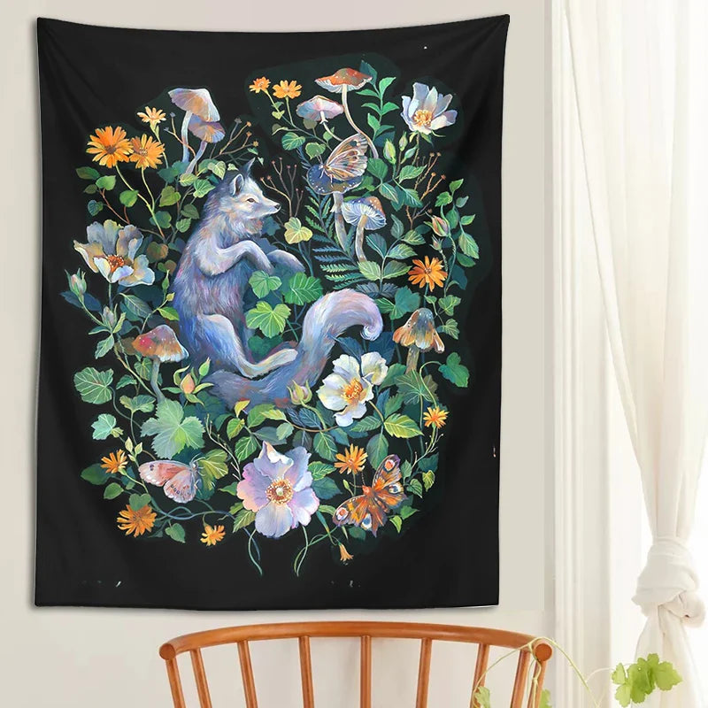 Afralia™ Botanical Floral Garden Tapestry Wall Hanging Fox Wildflower Hippie Psychedelic Home Decor