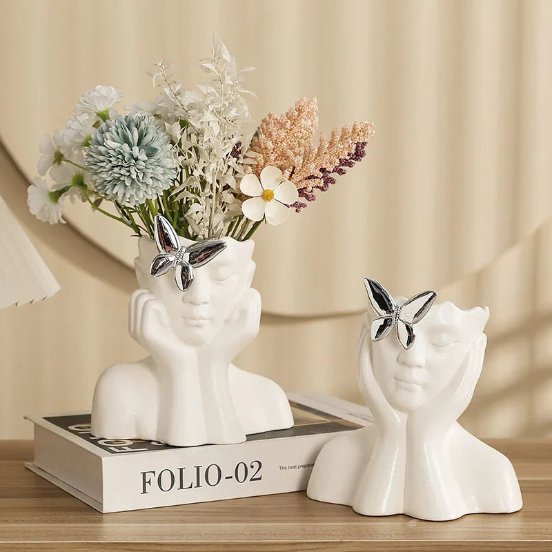 Afralia™ Ceramic Human Face Vase for Floral Arrangement and Home Decor