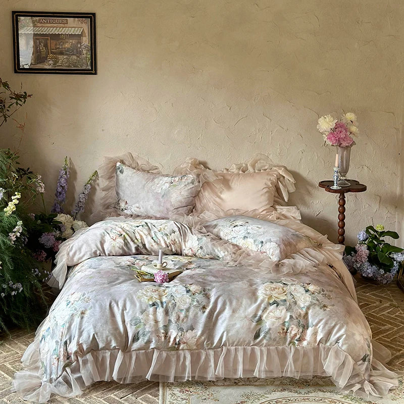 Afralia™ French Flowers Lace Ruffles Bedding Set with Silky Soft Lyocell Cotton