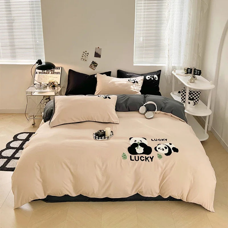 Afralia™ Panda Embroidery Washed Cotton Comforter Set with Fitted Sheet