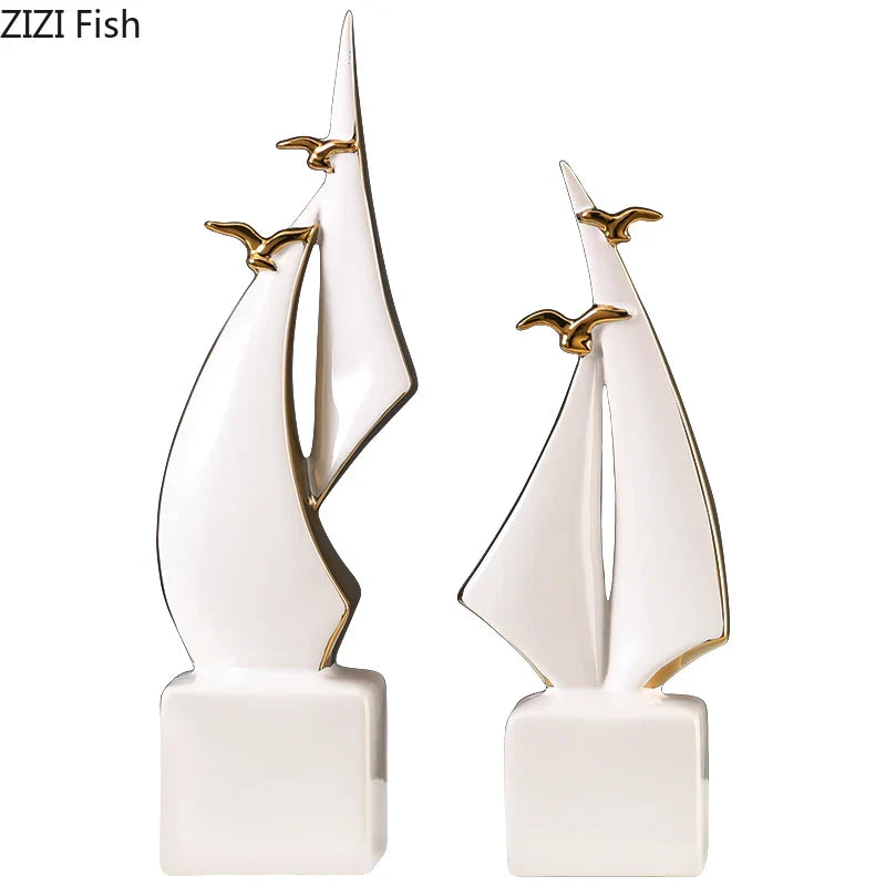 Afralia™ Sailboat Ceramic Art Sculpture Desk Decoration Ornaments