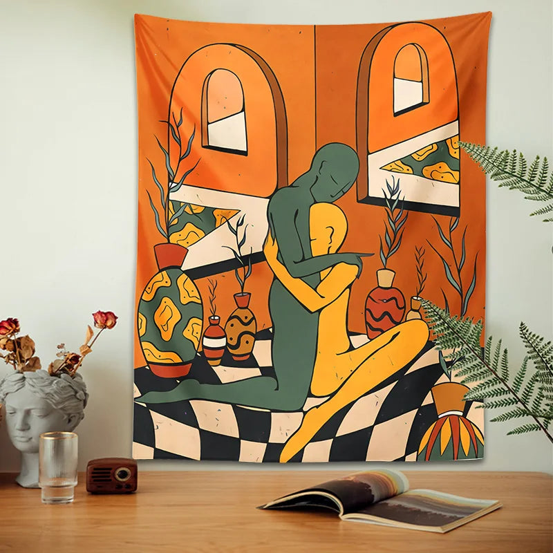 Afralia™ Psychedelic Embrace Lines Tapestry Wall Hanging for Boho Living Room Decor