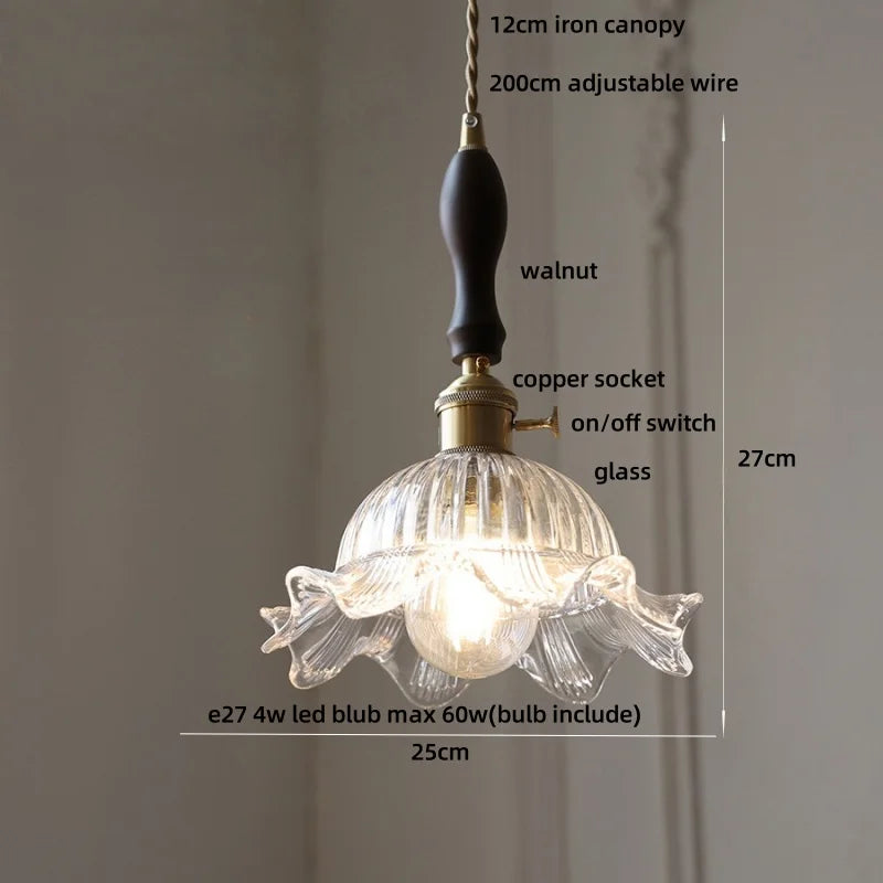 Afralia™ Nordic LED Flower Glass Pendant Light Fixture with Walnut Wood - Amber Glass