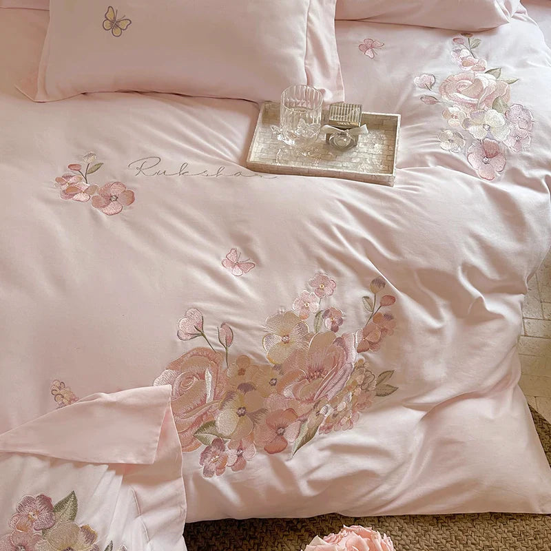 Afralia™ Pink Flowers Embroidery Cotton Bedding Set - Duvet Cover, Bed Sheet, Pillowcases