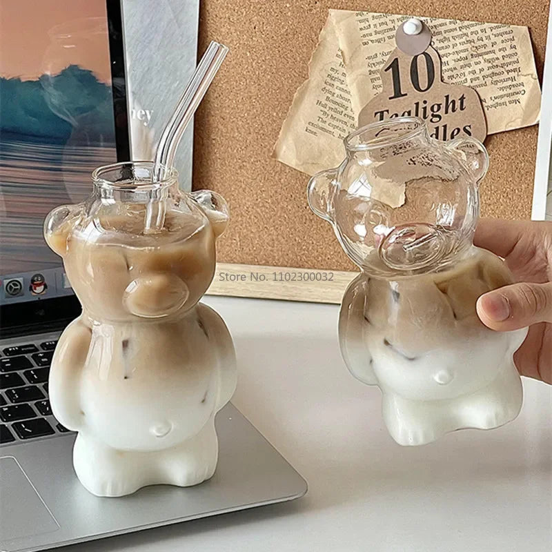 Afralia™ Bear Glass Cups: Cute Heat-resistant 320ml Latte Cups for Coffee.