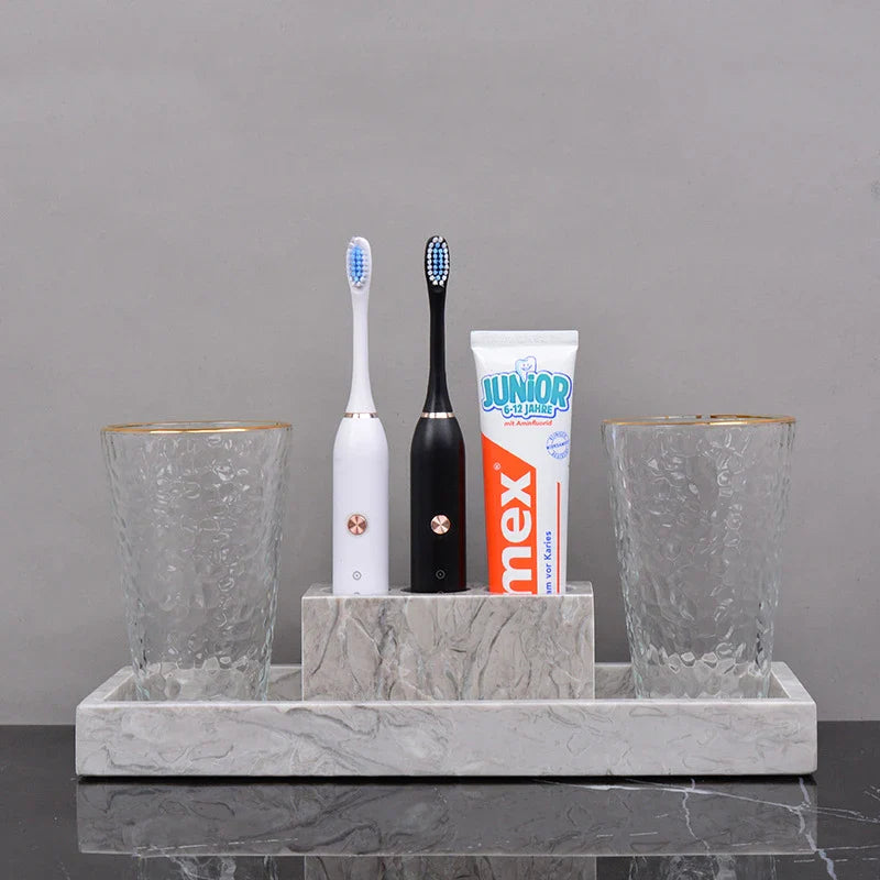 Afralia™ Marble Bathroom Accessories Set Electric Toothbrush Holder Glass Cup Tray