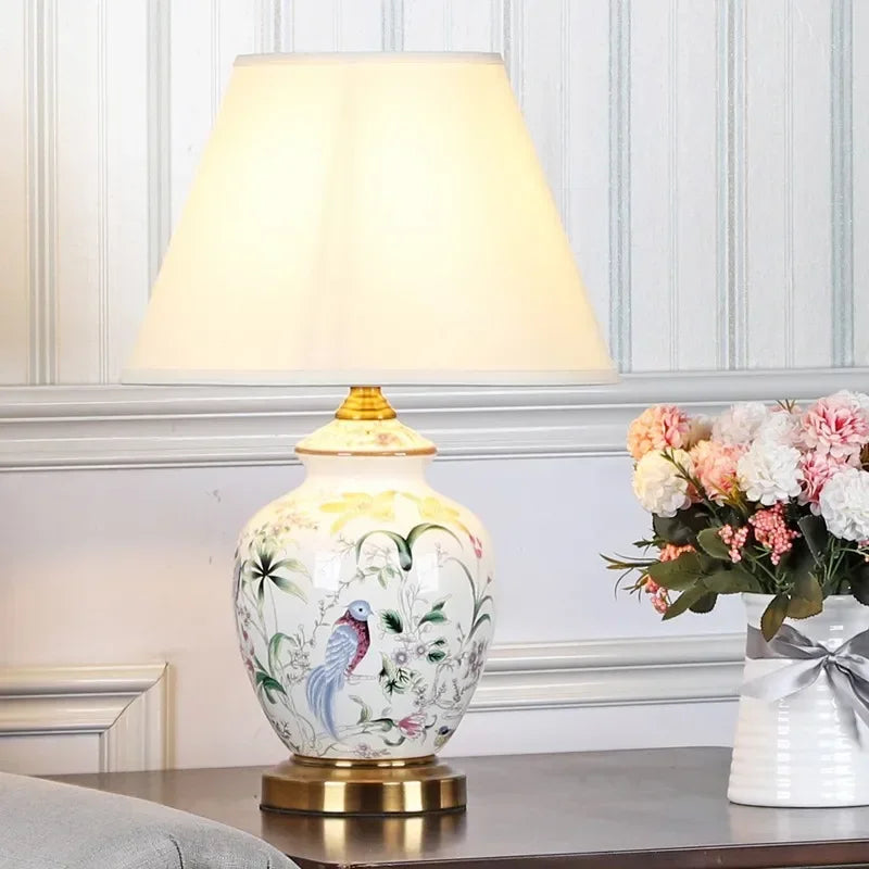 Afralia™ Ceramic Table Lamp Flower Bird Bedside LED Desk Light