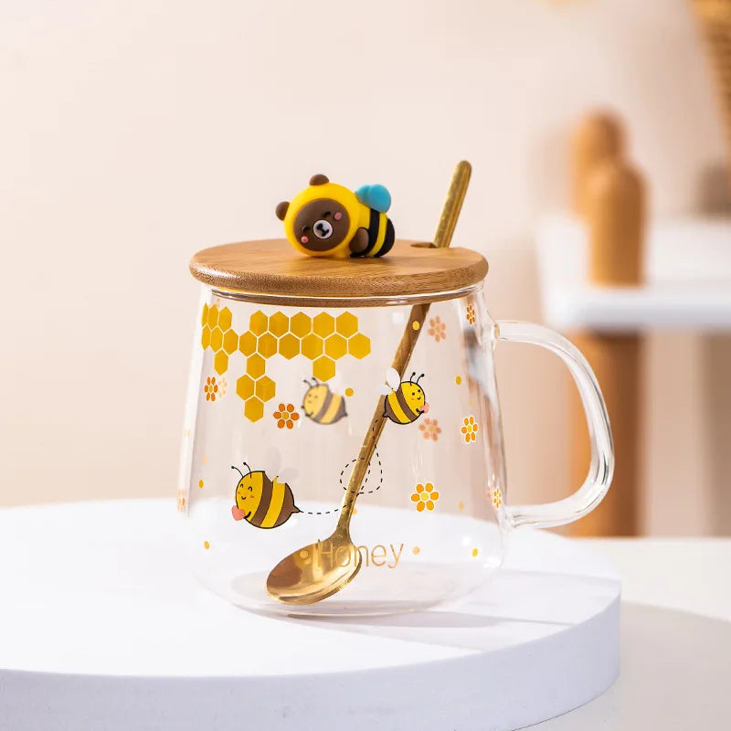 Afralia™ Bee Glass Spoon Milk Cup Breakfast Coffee Mug with Lid