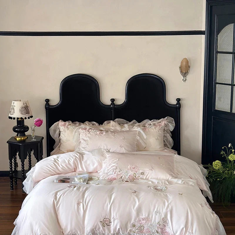 Afralia™ Vintage Lace Ruffles Embroidery Bedding Set with Duvet, Sheet, and Pillowcases
