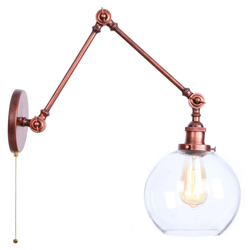 Afralia™ Swing Arm LED Wall Lights Pull Chain Switch Glass Ball Industrial Home Decor