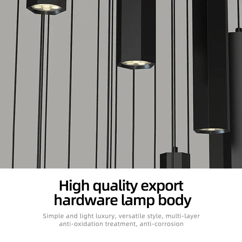 Afralia™ Black LED Staircase Chandelier | Modern High Ceiling Pendant Light