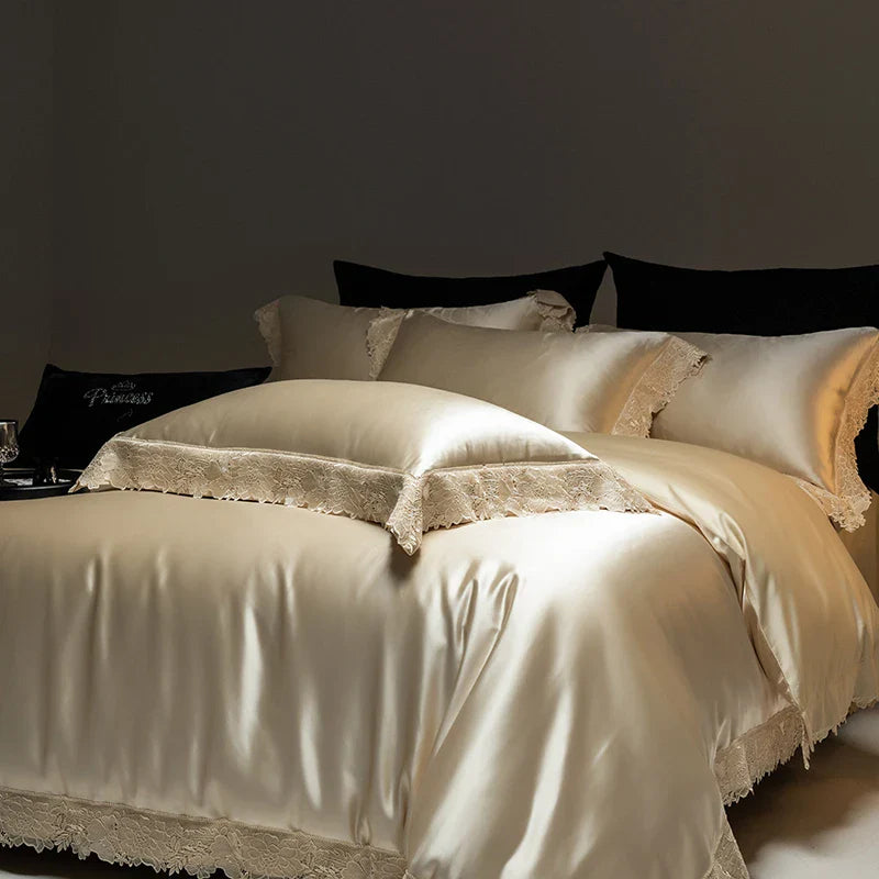Afralia™ Luxe French Lace Edge Bedding Set: Silky Lyocell Cotton Duvet Cover, Sheet & Pillowcases