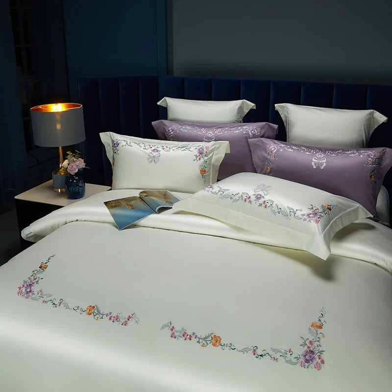Afralia™ Floral Embroidered Luxury Bedding Set - 100S Egyptian Cotton