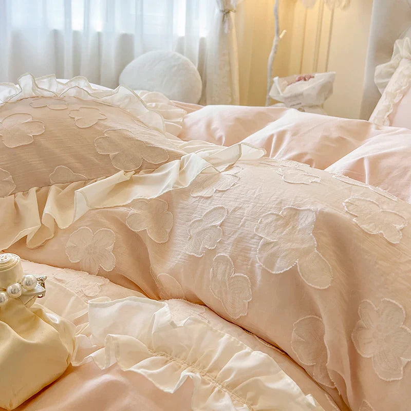 Afralia™ Princess Flowers Lace Ruffles Bedding Set: 100% Cotton Duvet Cover, Fitted Sheet, Bed Sheet, Pillowcases